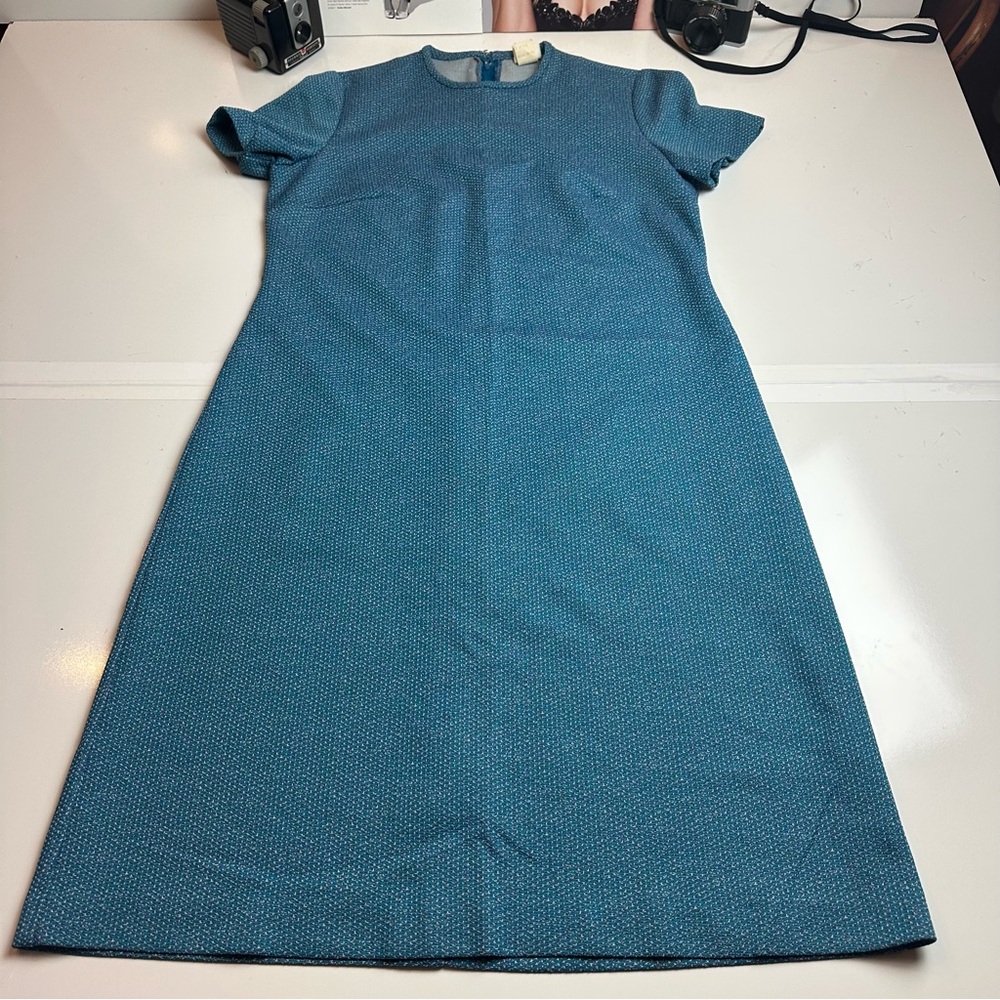 Vintage 60s 70s Three R’s Teal Mod Shift Dress Textured Knit 16½